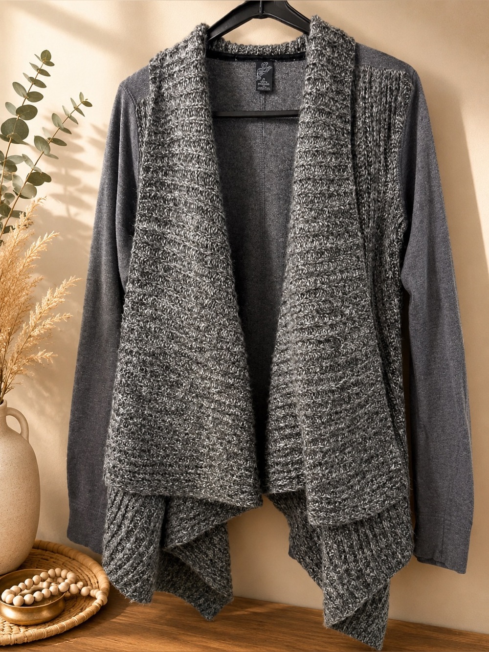 prAna Gray Mixed Knit Open Front Cardigan Medium Cozy Sweater Jacket
